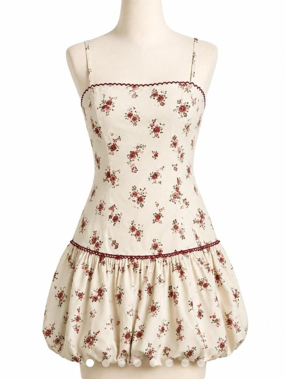 NWT Floral Spaghetti Strap Bubble Hem Mini Dress In White with Red Flowers Sz S